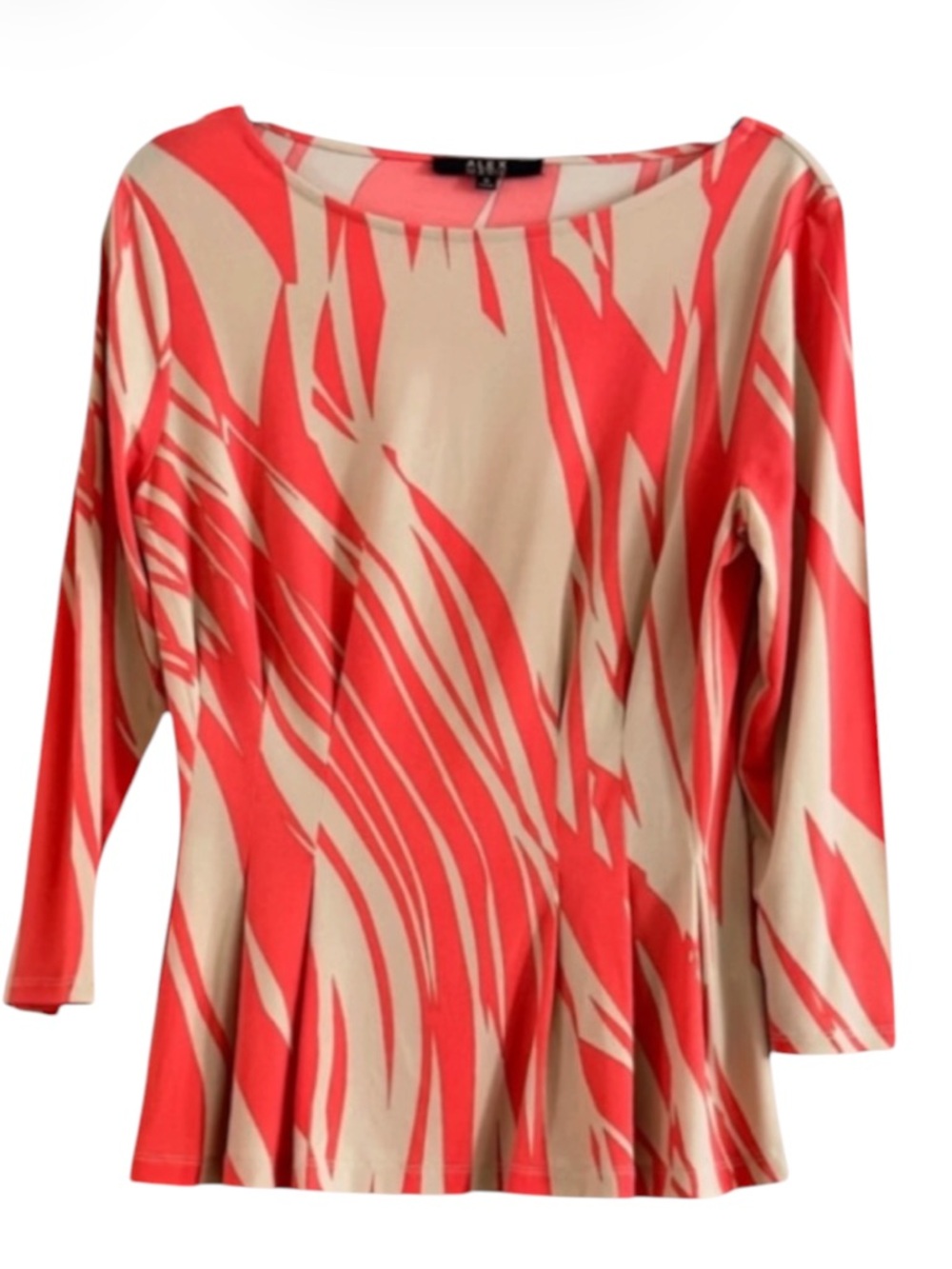 Alex Marie Coral Tan Zebra Swirl Pleated Peplum Blouse 3/4 Sleeve Size S